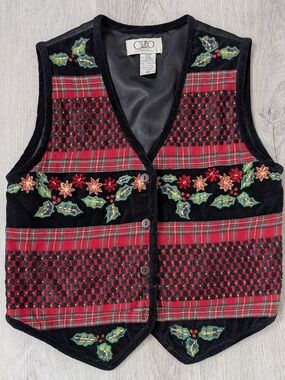 Vintage CLEO Festive Red & Black Plaid Embroidered Christmas Holiday Vest Sz XS